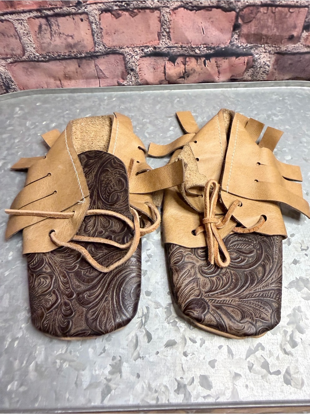 Kids Tan & Brown Leather Fringe Moccasins